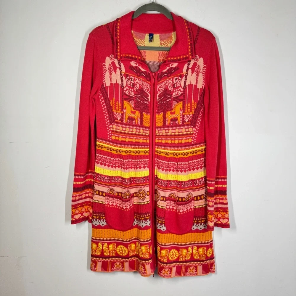 KOOI Knit Vibrant Red Orange Patterned Cardigan Nordic Fair Isle Zip Cotton - Picture 2 of 16